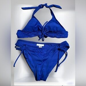 Robin Piccone 2 Pc Halter Bikini Set Size Top S Bottoms M Royal Blue Pleats EUC